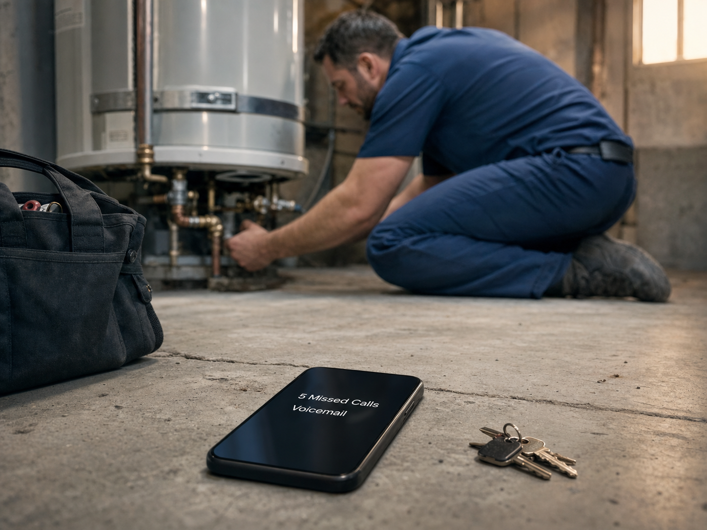 A plumber kneeling beside a water heater mid-job, phone on the floor showing 5 missed calls