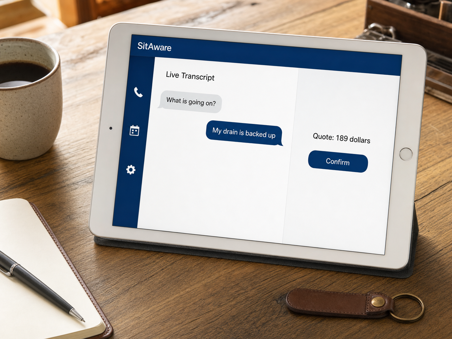 A monitor showing a live transcript on the left and an open calendar slot with a quoted price on the right