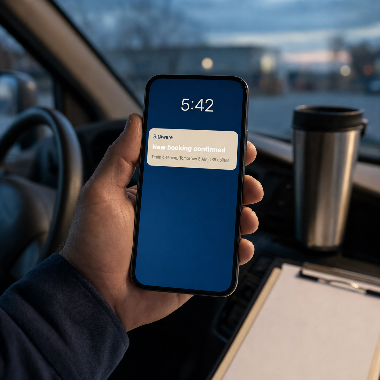 A working person's hand holding a phone showing a new booking confirmation SMS